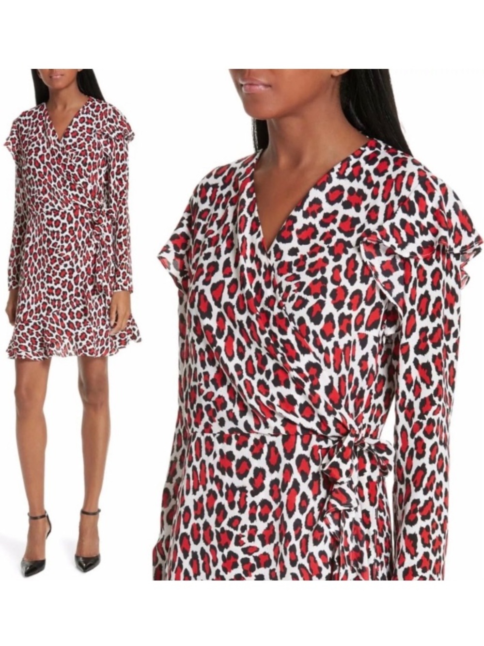 Robert Rodriguez Lena Wrap Leopard Dress White Black Red Long Sleeve Tie Ruffle